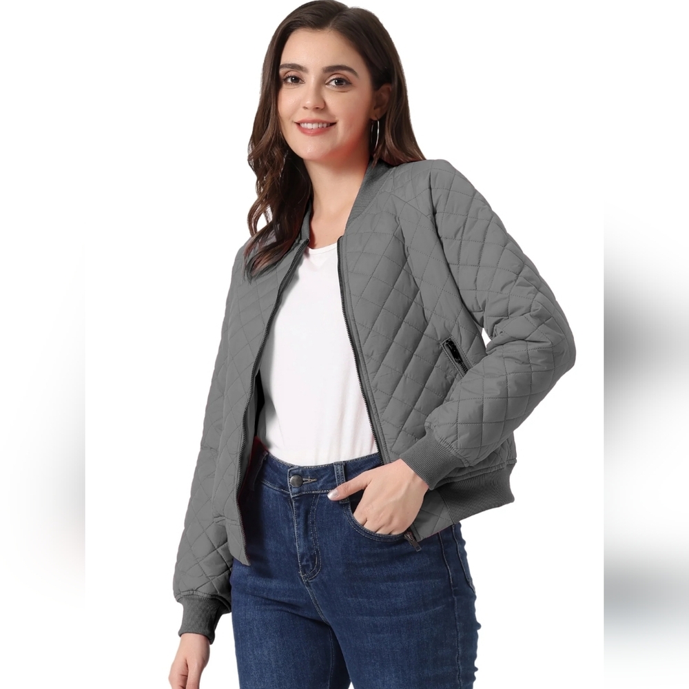 Allegra K Quilted Gray Bomber Jacket